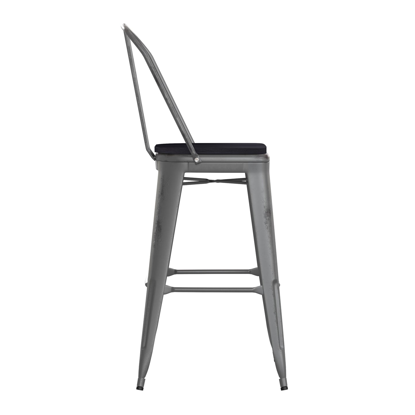 Lincoln 30'' High Silver Antique Finish with Clear Coat Indoor Barstool with Back and Black Poly Resin Wood Seat