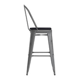 Lincoln 30'' High Silver Antique Finish with Clear Coat Indoor Barstool with Back and Black Poly Resin Wood Seat