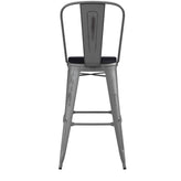 Lincoln 30'' High Silver Antique Finish with Clear Coat Indoor Barstool with Back and Black Poly Resin Wood Seat