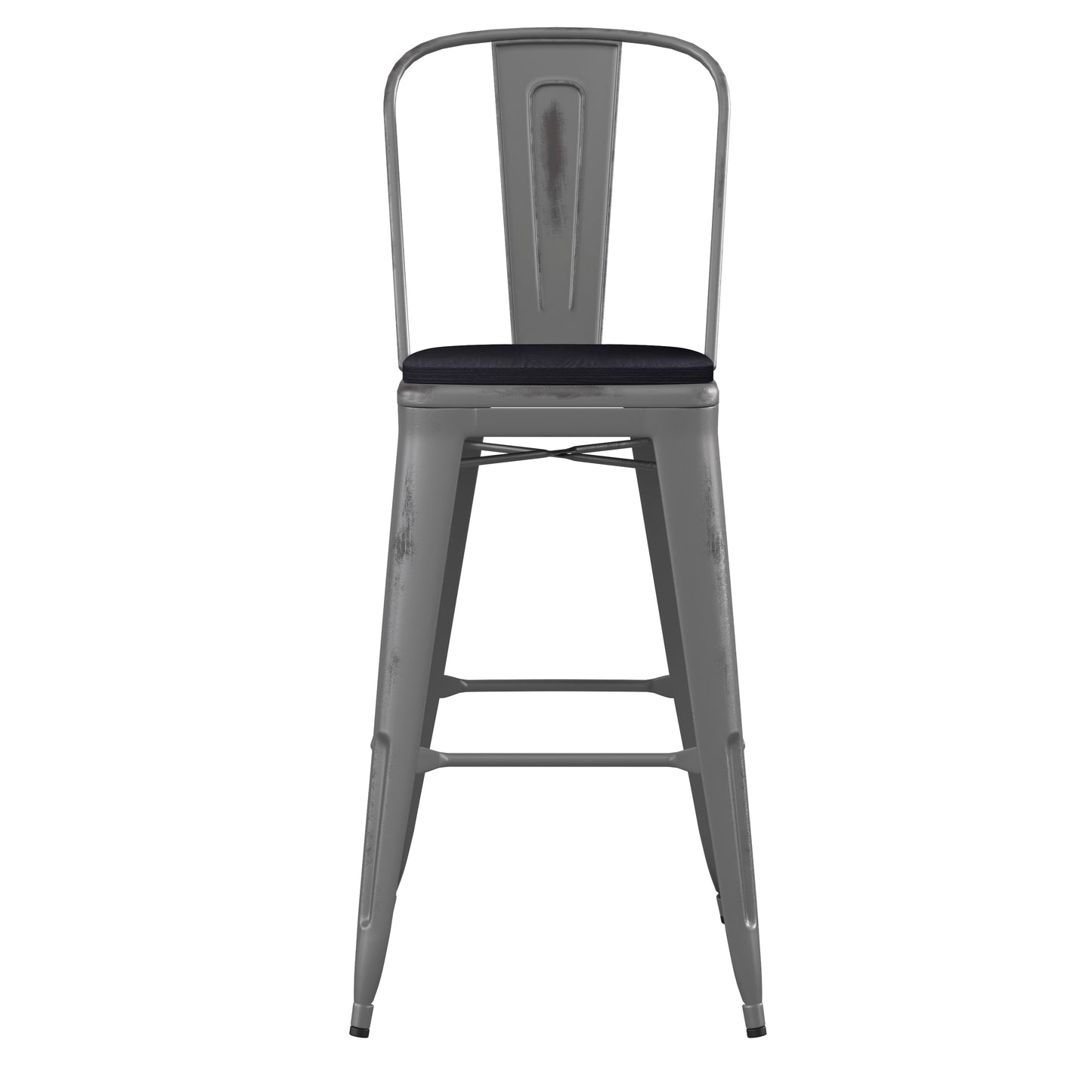 Lincoln 30'' High Silver Antique Finish with Clear Coat Indoor Barstool with Back and Black Poly Resin Wood Seat