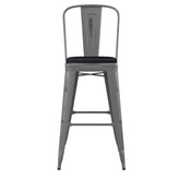 Lincoln 30'' High Silver Antique Finish with Clear Coat Indoor Barstool with Back and Black Poly Resin Wood Seat