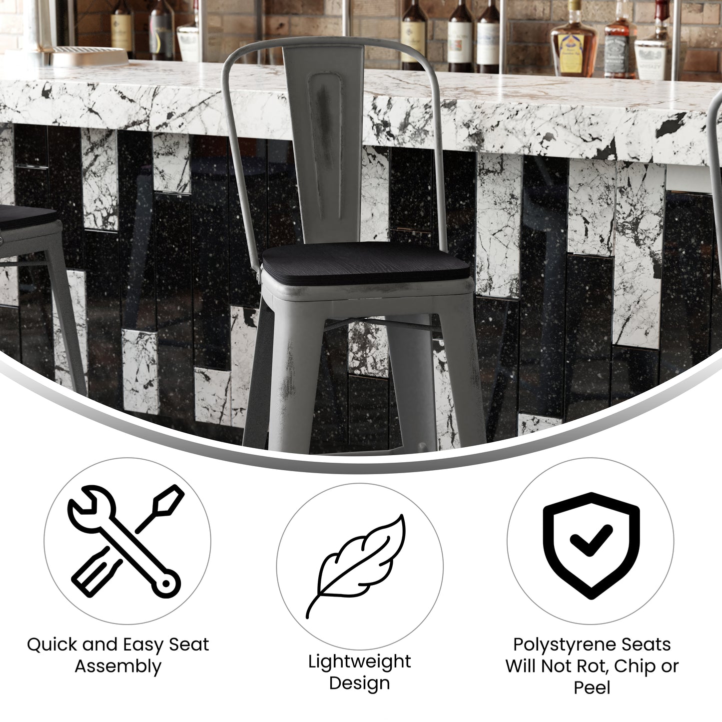 Lincoln 30'' High Silver Antique Finish with Clear Coat Indoor Barstool with Back and Black Poly Resin Wood Seat