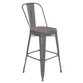 Lincoln 30'' High Silver Antique Finish with Clear Coat Indoor Barstool with Back and Gray Poly Resin Wood Seat