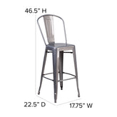 Lincoln 30'' High Silver Antique Finish with Clear Coat Indoor Barstool with Back and Gray Poly Resin Wood Seat