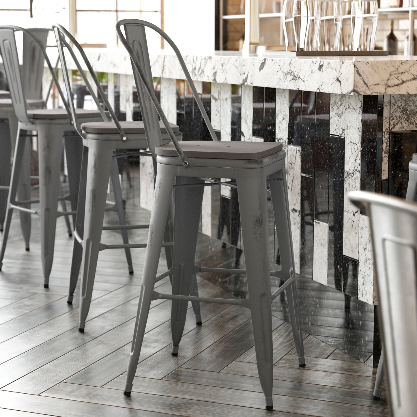 Lincoln 30'' High Silver Antique Finish with Clear Coat Indoor Barstool with Back and Gray Poly Resin Wood Seat