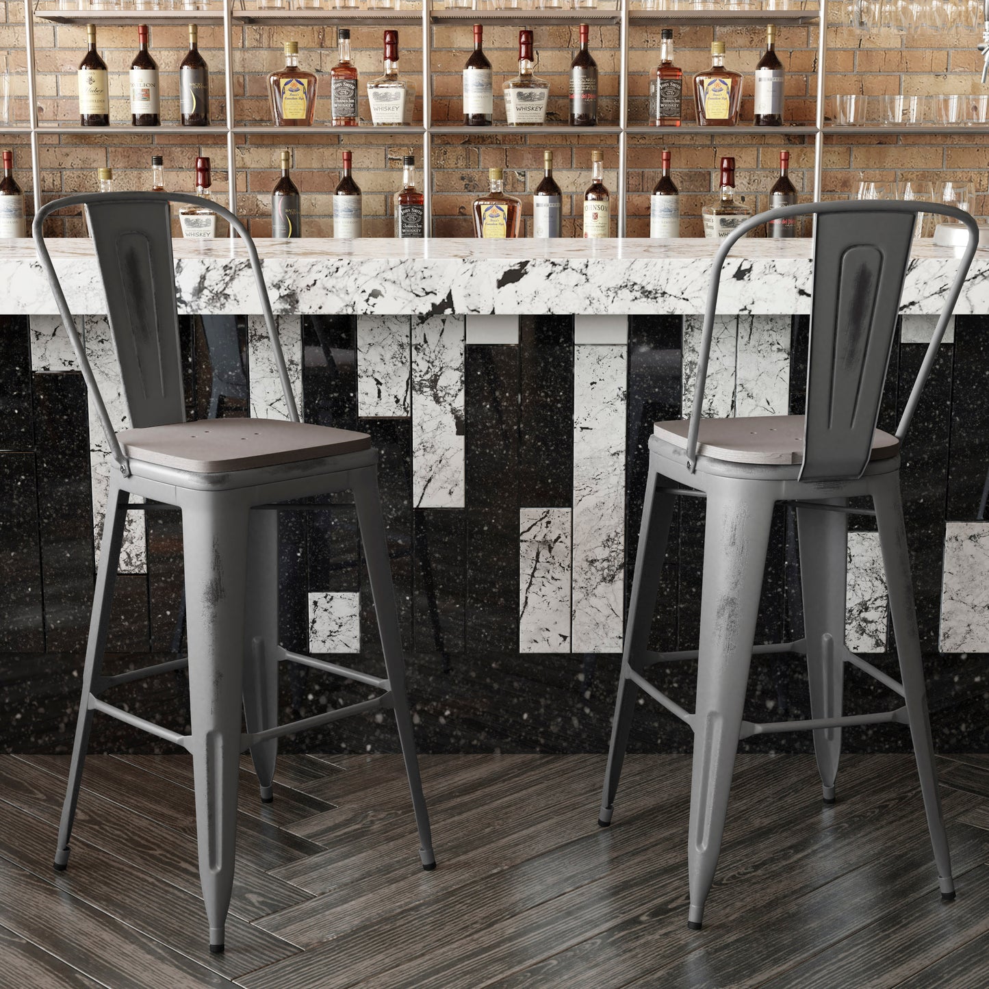 Lincoln 30'' High Silver Antique Finish with Clear Coat Indoor Barstool with Back and Gray Poly Resin Wood Seat