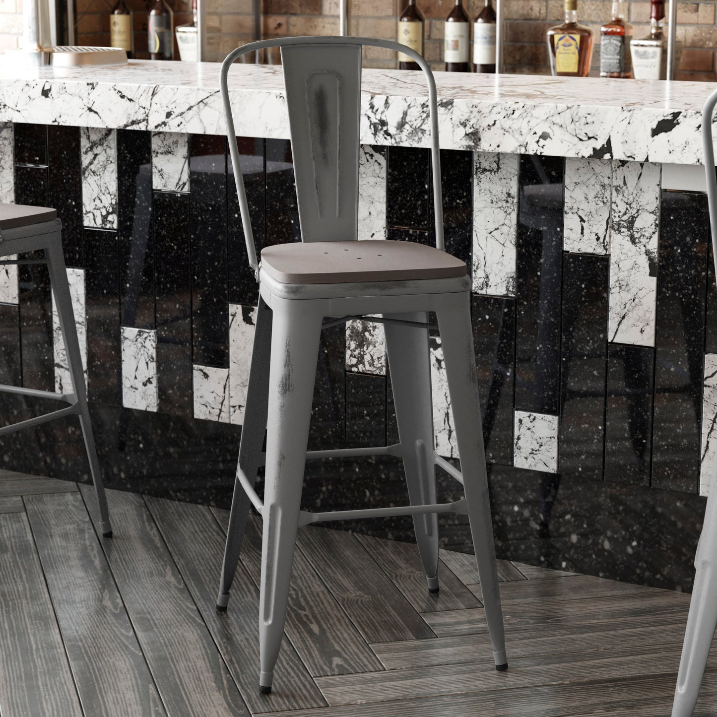Lincoln 30'' High Silver Antique Finish with Clear Coat Indoor Barstool with Back and Gray Poly Resin Wood Seat