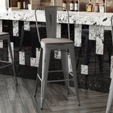 Lincoln 30'' High Silver Antique Finish with Clear Coat Indoor Barstool with Back and Gray Poly Resin Wood Seat
