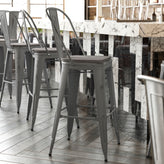 Lincoln 30'' High Silver Antique Finish with Clear Coat Indoor Barstool with Back and Gray Poly Resin Wood Seat