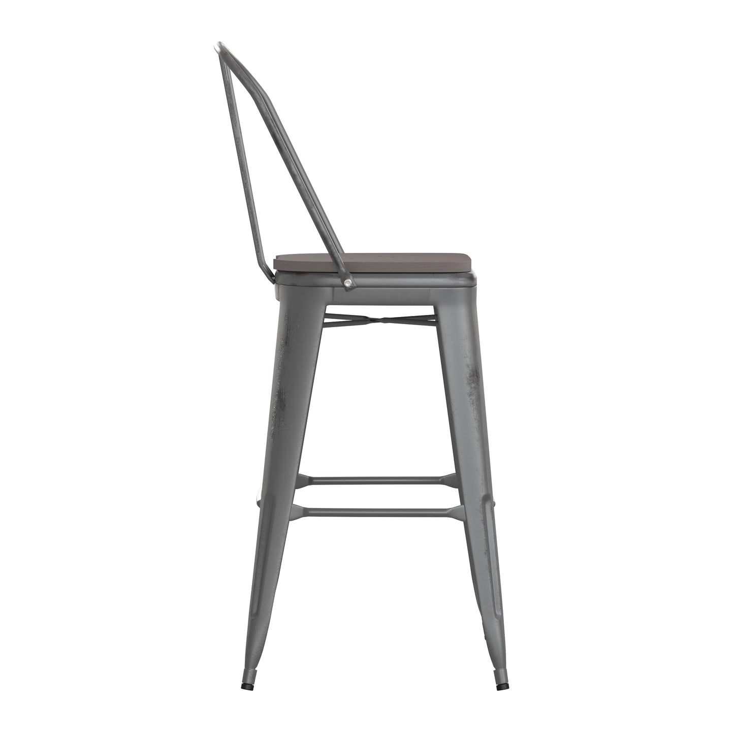 Lincoln 30'' High Silver Antique Finish with Clear Coat Indoor Barstool with Back and Gray Poly Resin Wood Seat