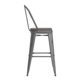 Lincoln 30'' High Silver Antique Finish with Clear Coat Indoor Barstool with Back and Gray Poly Resin Wood Seat