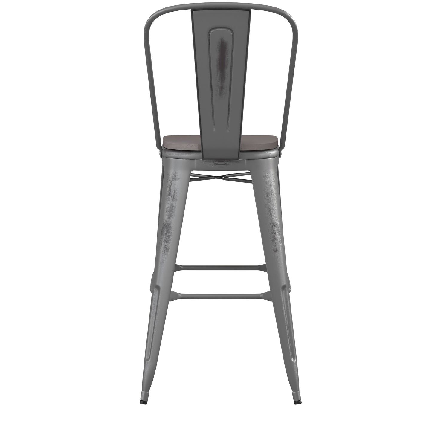 Lincoln 30'' High Silver Antique Finish with Clear Coat Indoor Barstool with Back and Gray Poly Resin Wood Seat