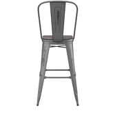 Lincoln 30'' High Silver Antique Finish with Clear Coat Indoor Barstool with Back and Gray Poly Resin Wood Seat