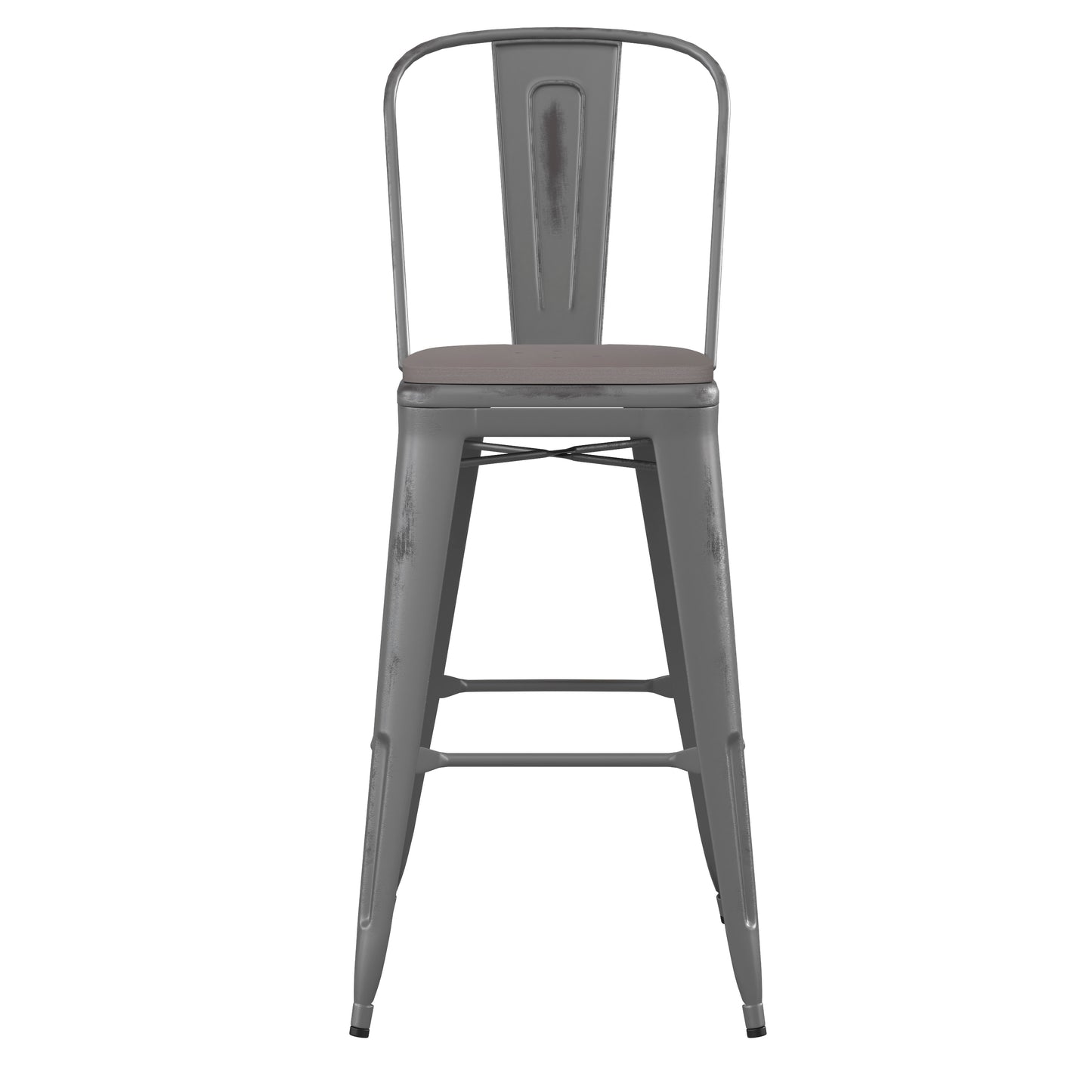 Lincoln 30'' High Silver Antique Finish with Clear Coat Indoor Barstool with Back and Gray Poly Resin Wood Seat