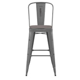 Lincoln 30'' High Silver Antique Finish with Clear Coat Indoor Barstool with Back and Gray Poly Resin Wood Seat