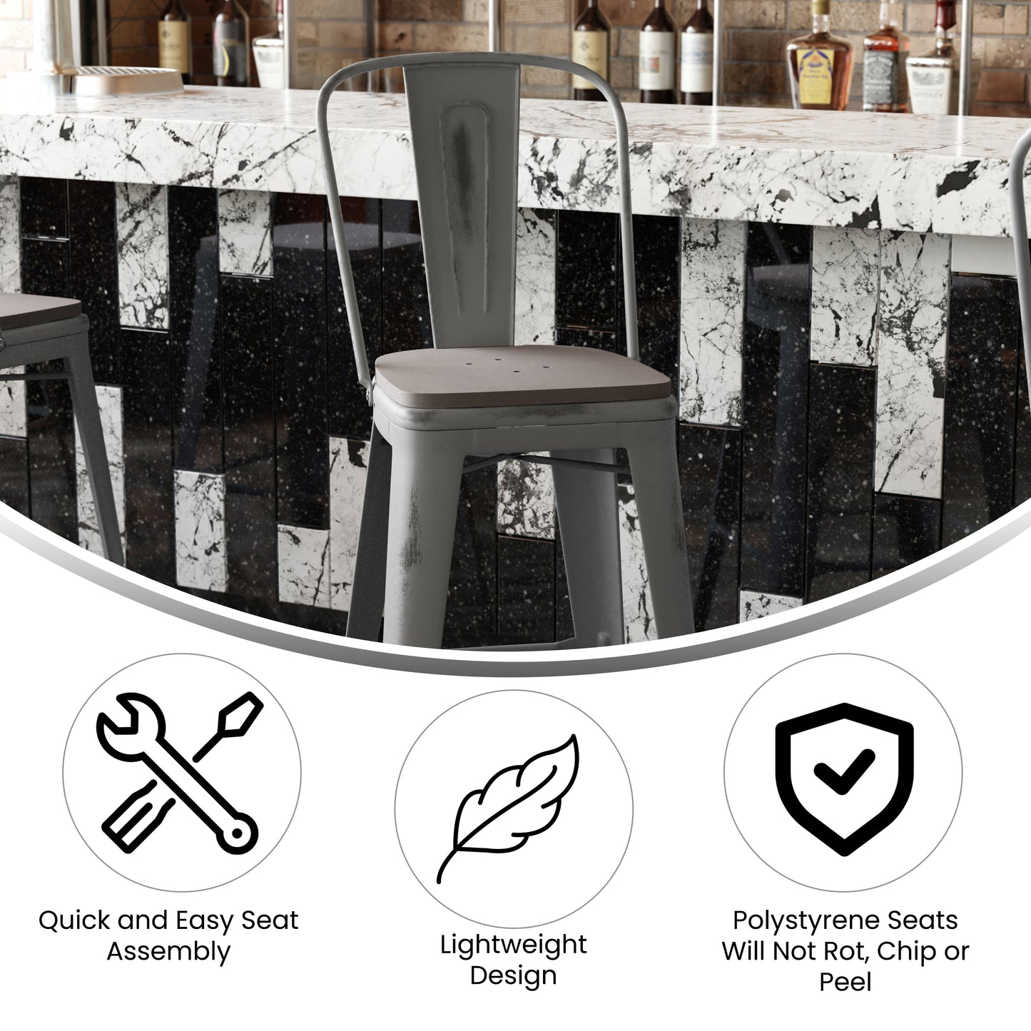 Lincoln 30'' High Silver Antique Finish with Clear Coat Indoor Barstool with Back and Gray Poly Resin Wood Seat