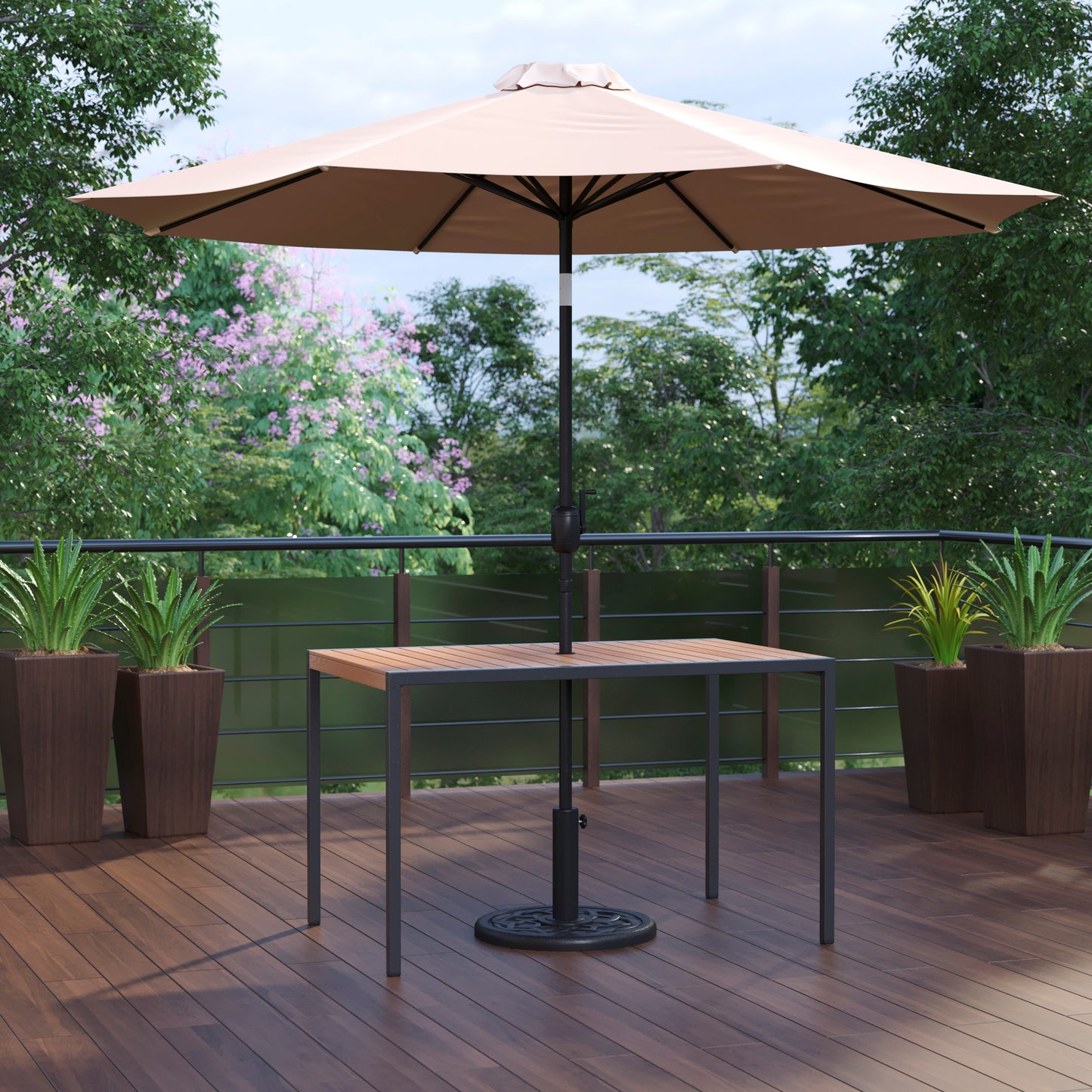 Lark 3 Piece Outdoor Patio Table Set - 30" x 48" Square Synthetic Teak Patio Table with Tan Umbrella and Base