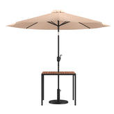 Lark 3 Piece Outdoor Patio Table Set - 35" Square Synthetic Teak Patio Table with Umbrella Hole and Tan Umbrella with Base