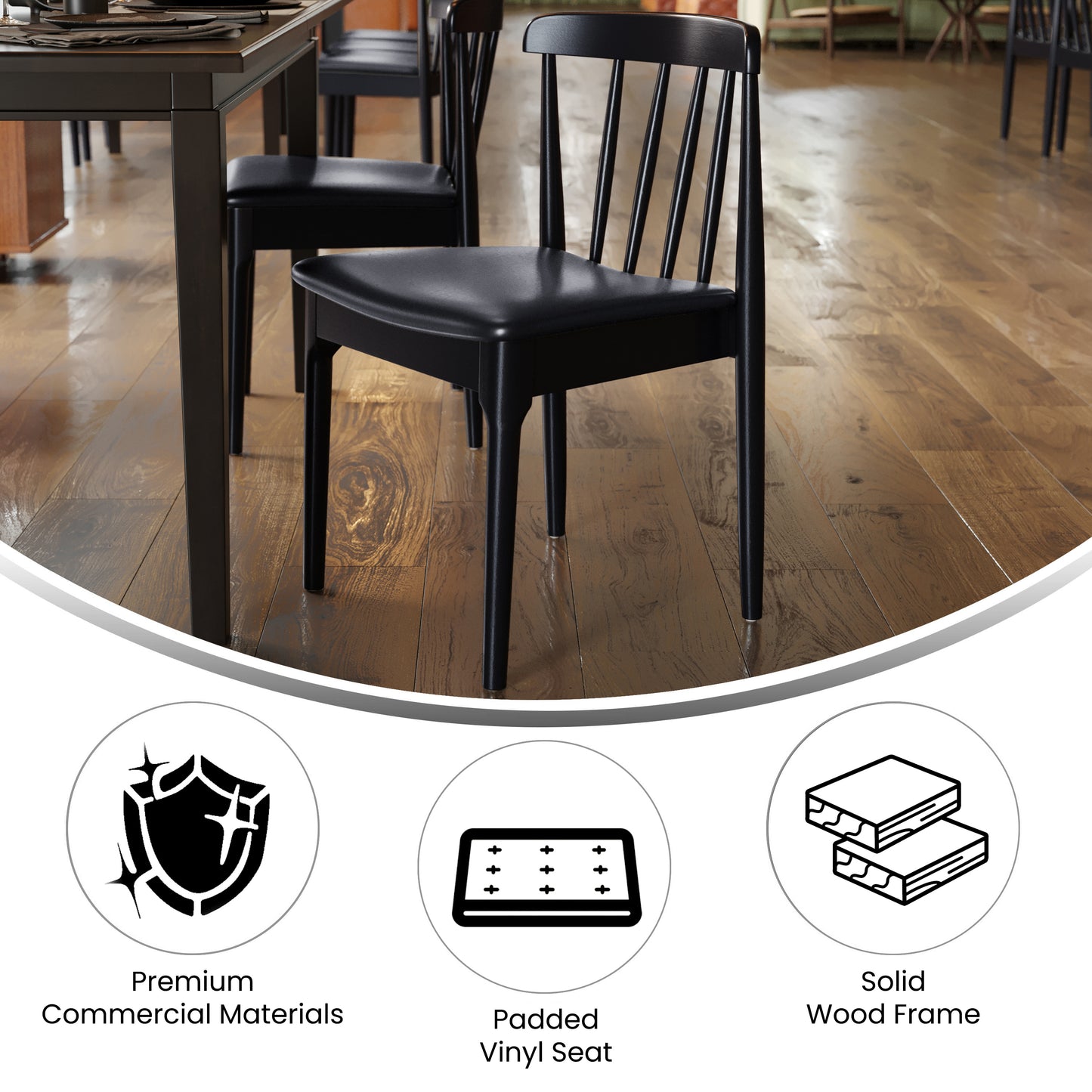 Chester Commercial Grade Solid Wood Black Dining Chair with Curved Spindle Backrest and Black Vinyl Seat