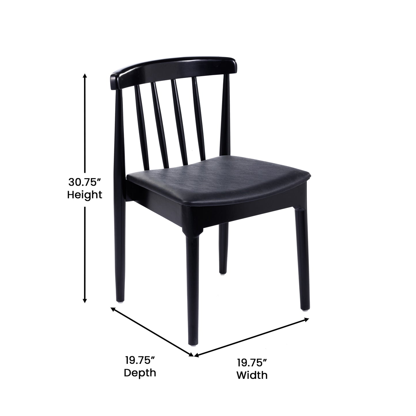 Chester Commercial Grade Solid Wood Black Dining Chair with Curved Spindle Backrest and Black Vinyl Seat