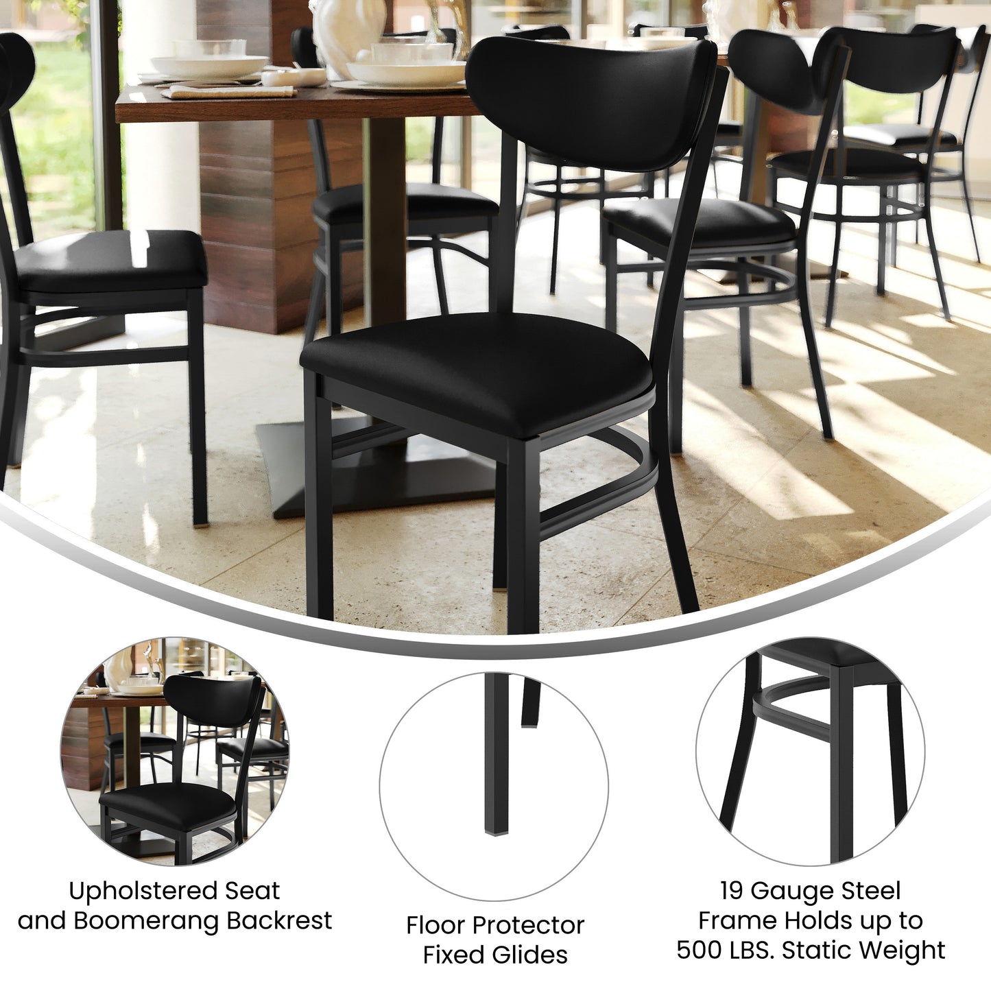 Wright Commercial Dining Chair with 500 LB. Capacity Black Steel Frame, Black Vinyl Boomerang Back, and Black Vinyl Seat