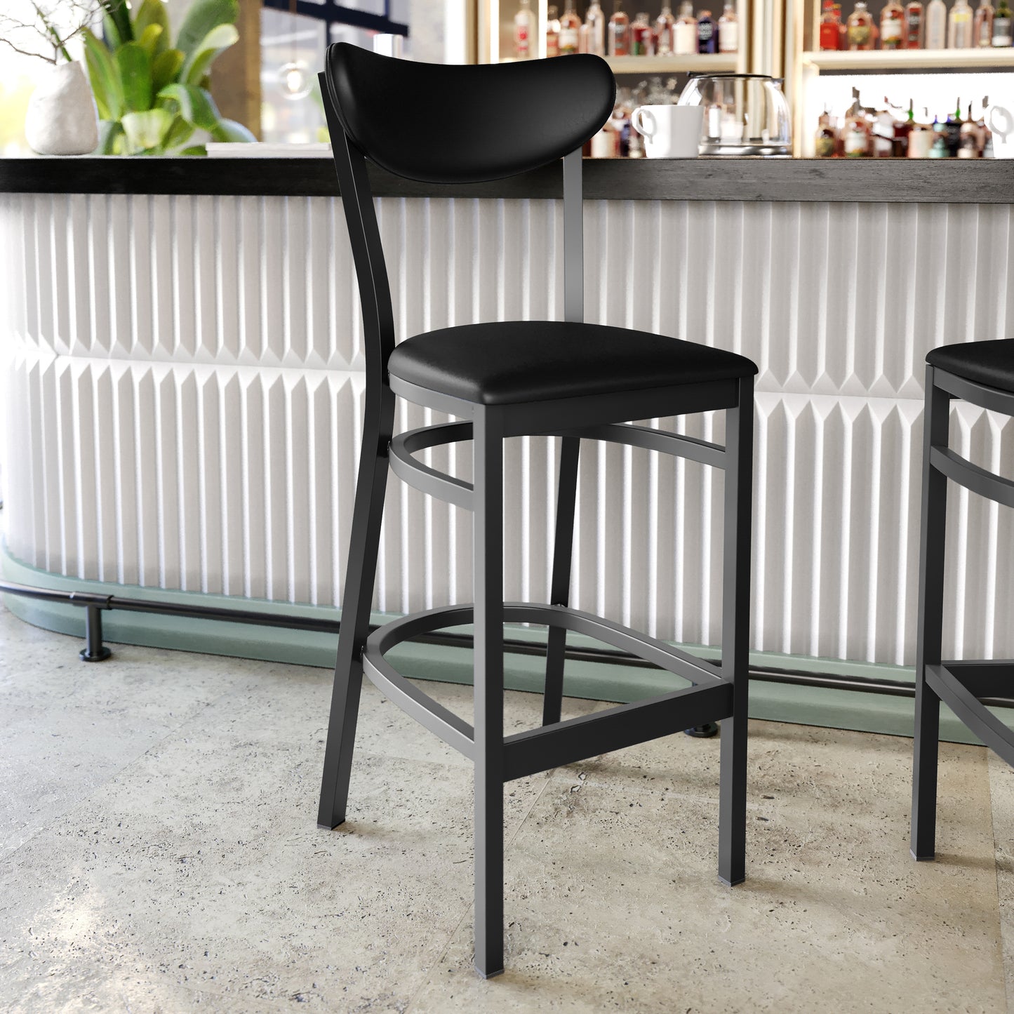 Wright Commercial Barstool with 500 LB. Capacity Black Steel Frame, Black Vinyl Boomerang Back, and Black Vinyl Seat