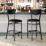 Wright Commercial Barstool with 500 LB. Capacity Black Steel Frame, Black Vinyl Boomerang Back, and Black Vinyl Seat