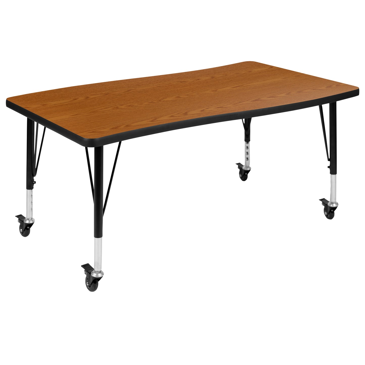 Emmy Mobile 76" Oval Wave Flexible Laminate Activity Table Set with 12" Student Stack Chairs, Oak/Black