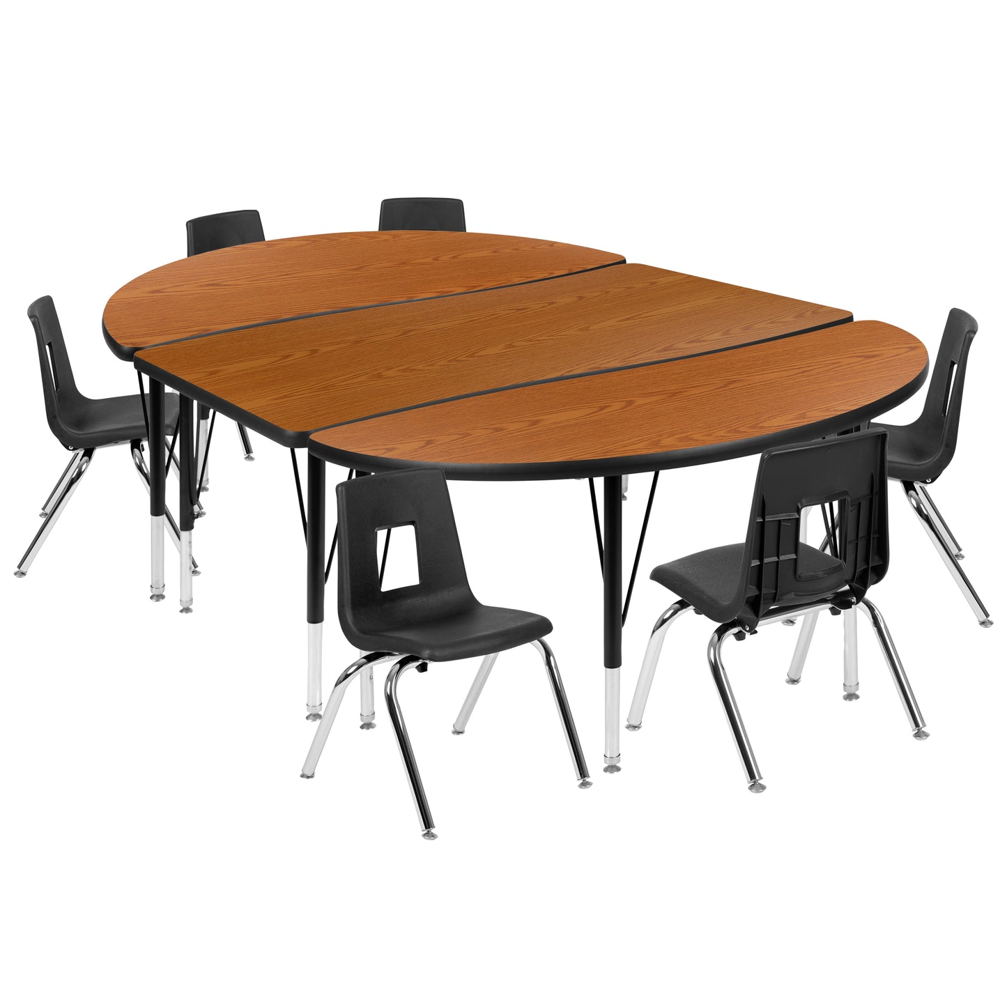 Emmy 76" Oval Wave Flexible Laminate Activity Table Set with 12" Student Stack Chairs, Oak/Black