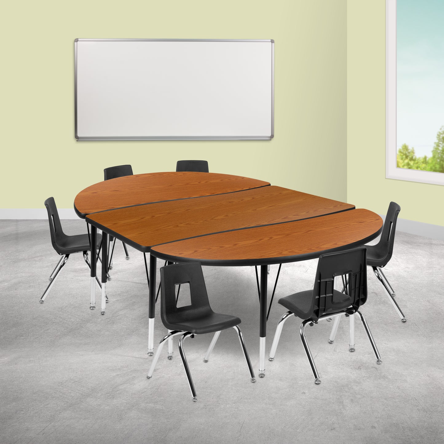 Emmy 76" Oval Wave Flexible Laminate Activity Table Set with 12" Student Stack Chairs, Oak/Black
