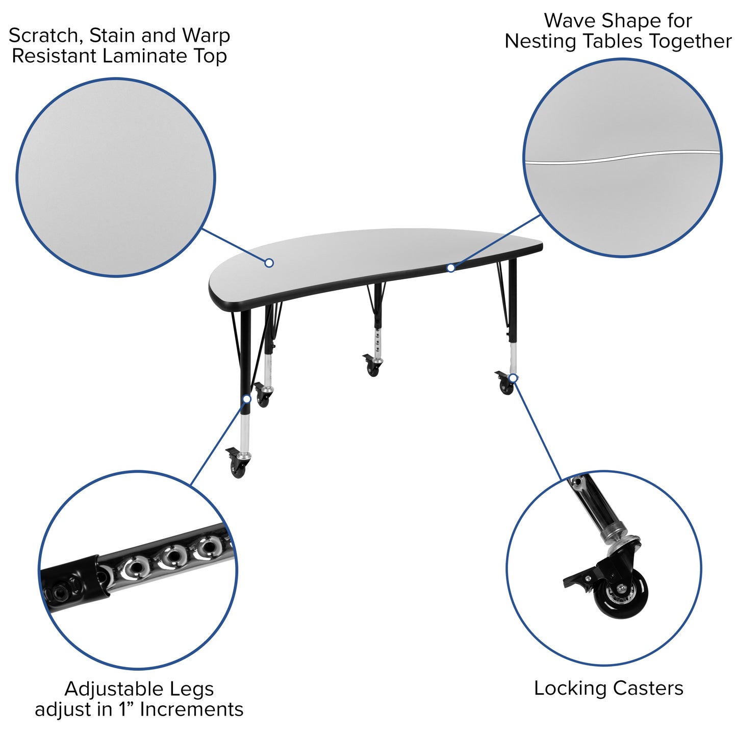 Emmy Mobile 47.5" Circle Wave Flexible Laminate Activity Table Set with 12" Student Stack Chairs, Grey/Black