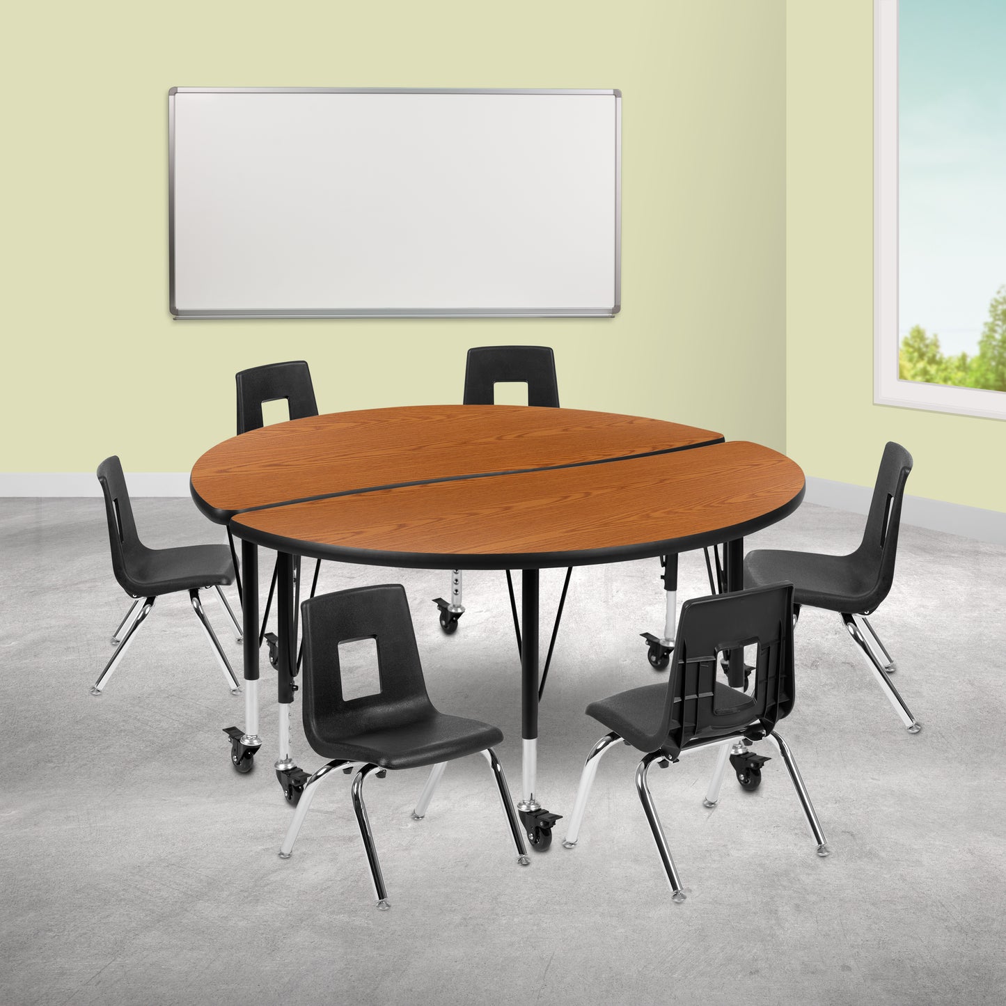 Emmy Mobile 47.5" Circle Wave Flexible Laminate Activity Table Set with 12" Student Stack Chairs, Oak/Black