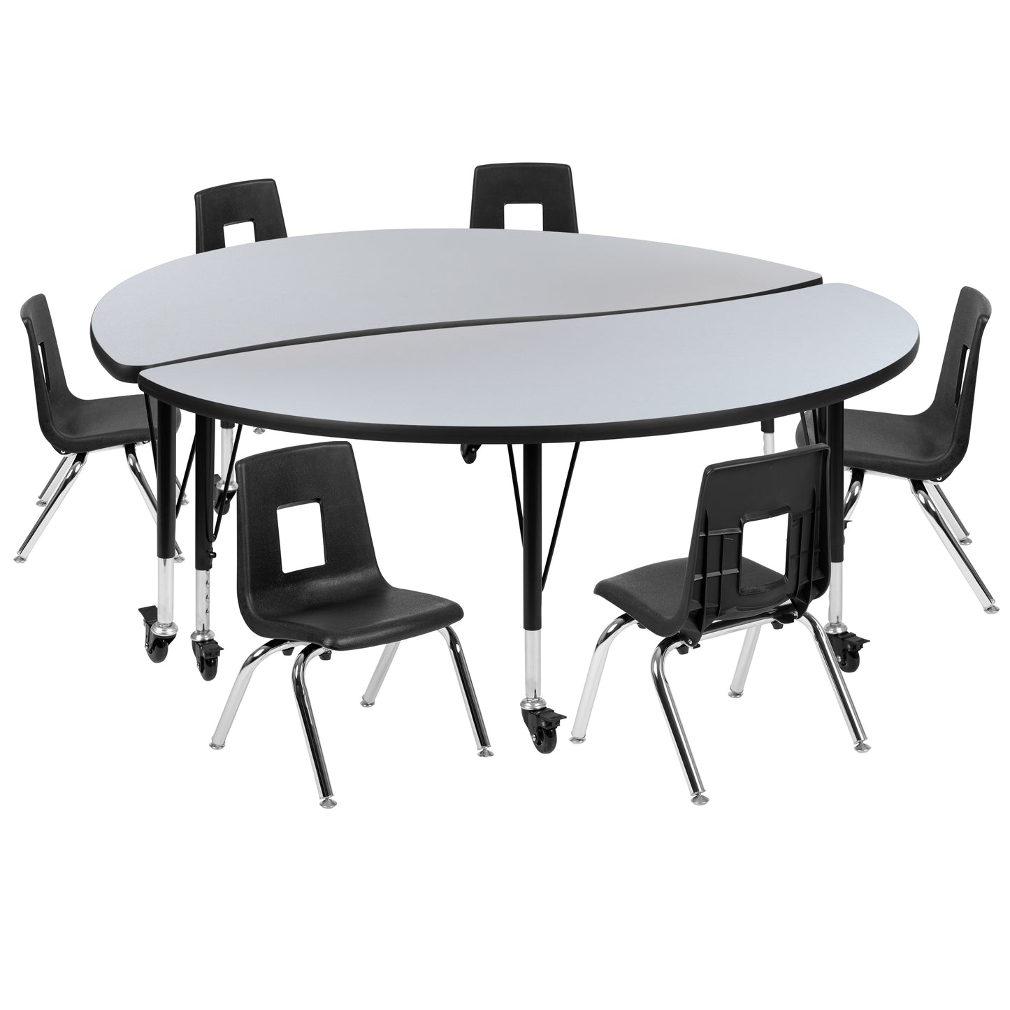 Emmy Mobile 60" Circle Wave Flexible Laminate Activity Table Set with 12" Student Stack Chairs, Grey/Black