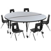 Emmy Mobile 60" Circle Wave Flexible Laminate Activity Table Set with 12" Student Stack Chairs, Grey/Black