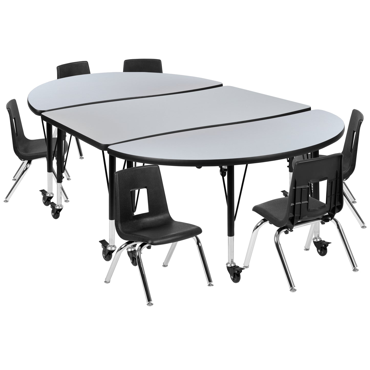 Emmy Mobile 76" Oval Wave Flexible Laminate Activity Table Set with 14" Student Stack Chairs, Grey/Black