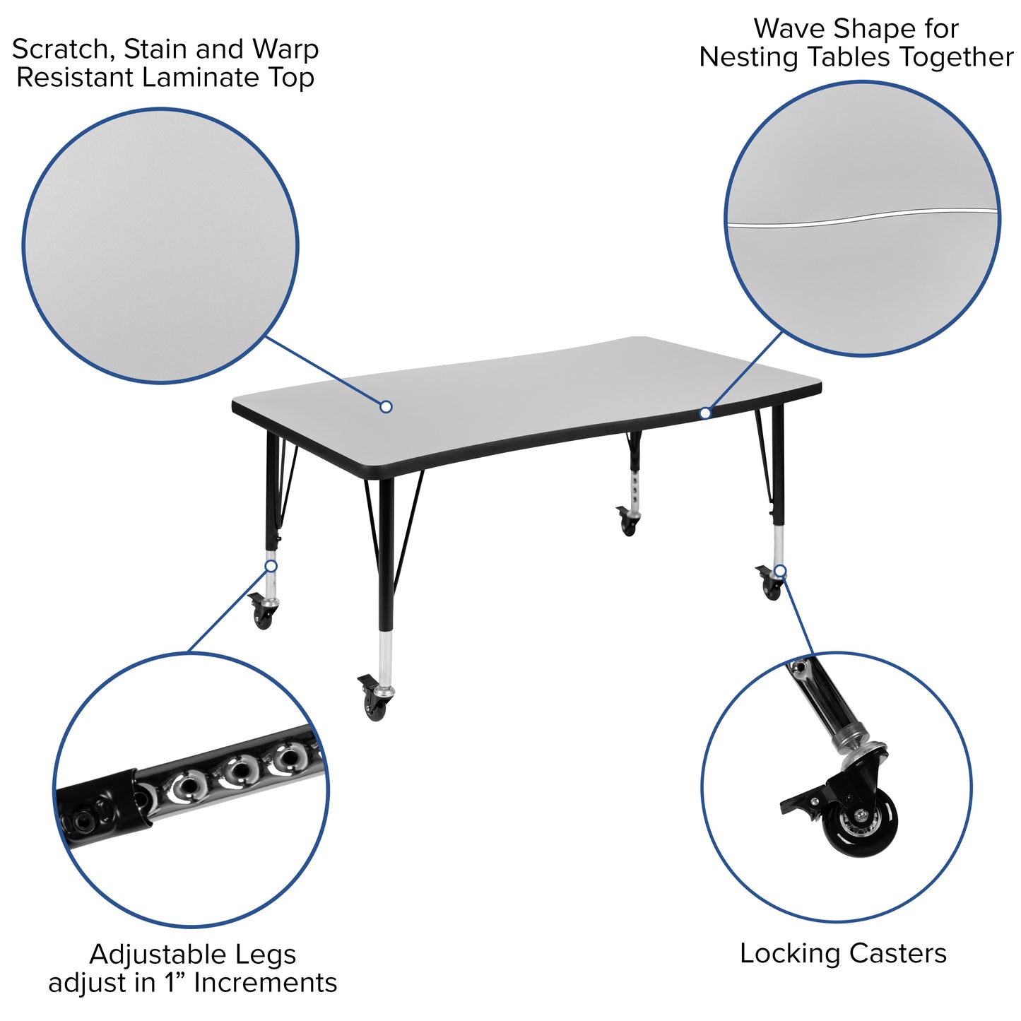 Emmy Mobile 76" Oval Wave Flexible Laminate Activity Table Set with 14" Student Stack Chairs, Grey/Black