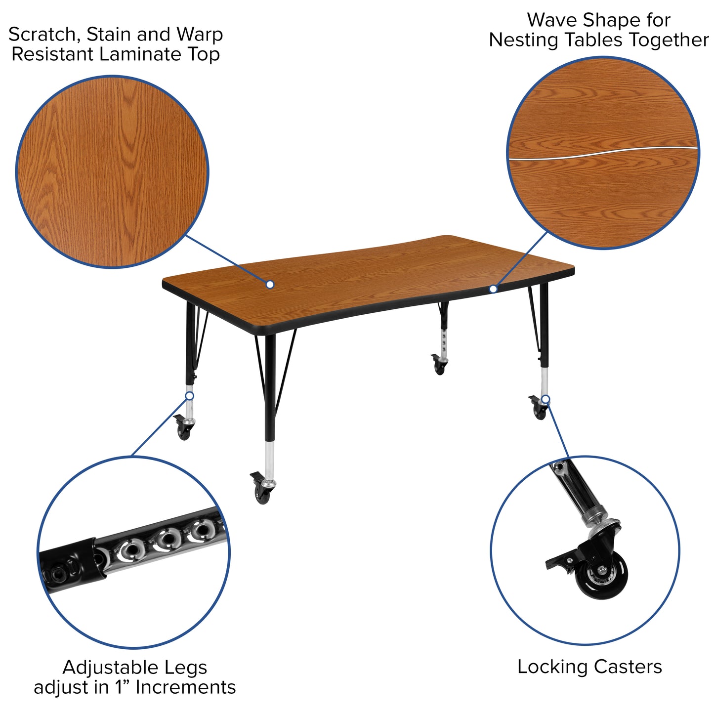 Emmy Mobile 76" Oval Wave Flexible Laminate Activity Table Set with 14" Student Stack Chairs, Oak/Black