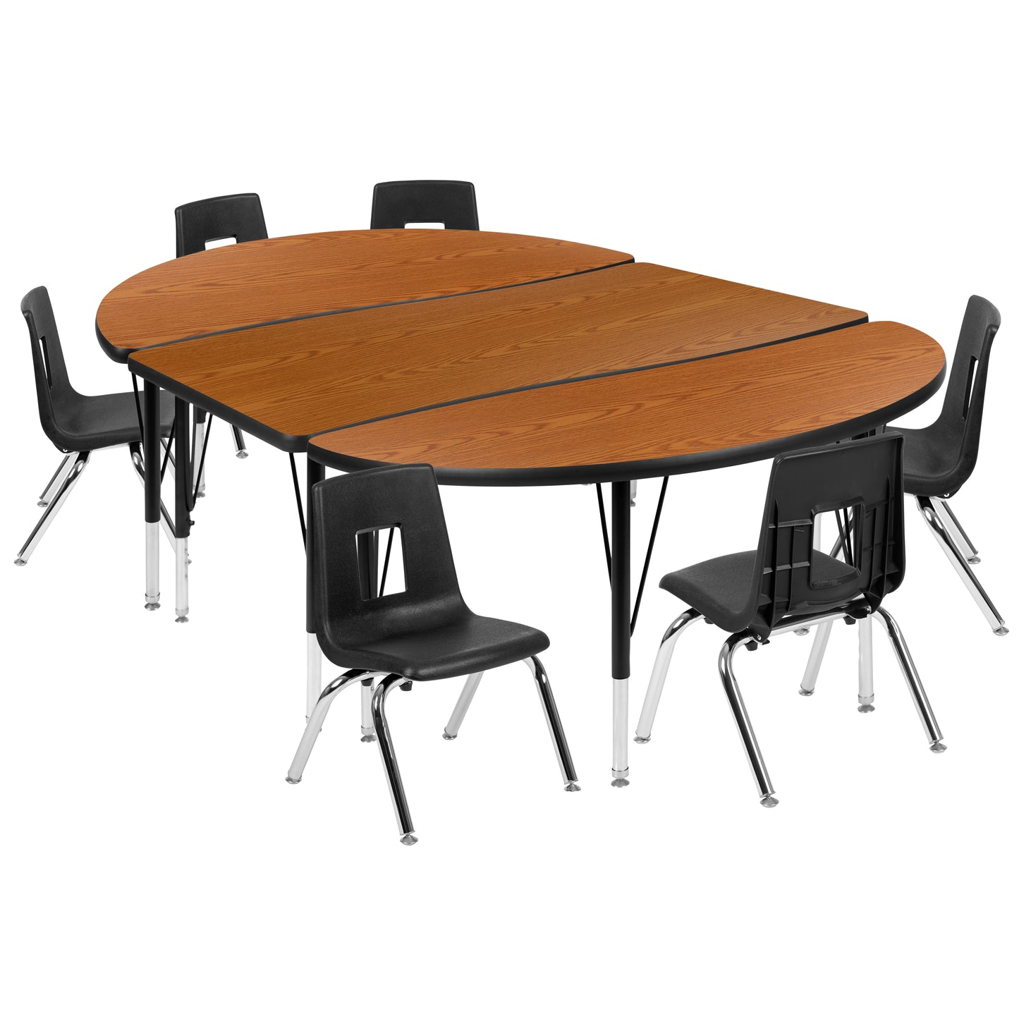 Emmy 76" Oval Wave Flexible Laminate Activity Table Set with 14" Student Stack Chairs, Oak/Black