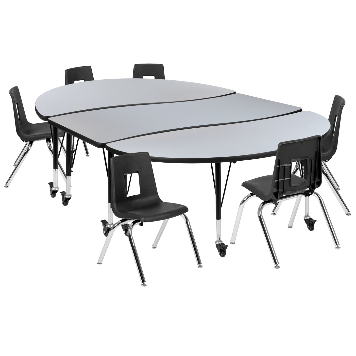 Emmy Mobile 86" Oval Wave Flexible Laminate Activity Table Set with 14" Student Stack Chairs, Grey/Black