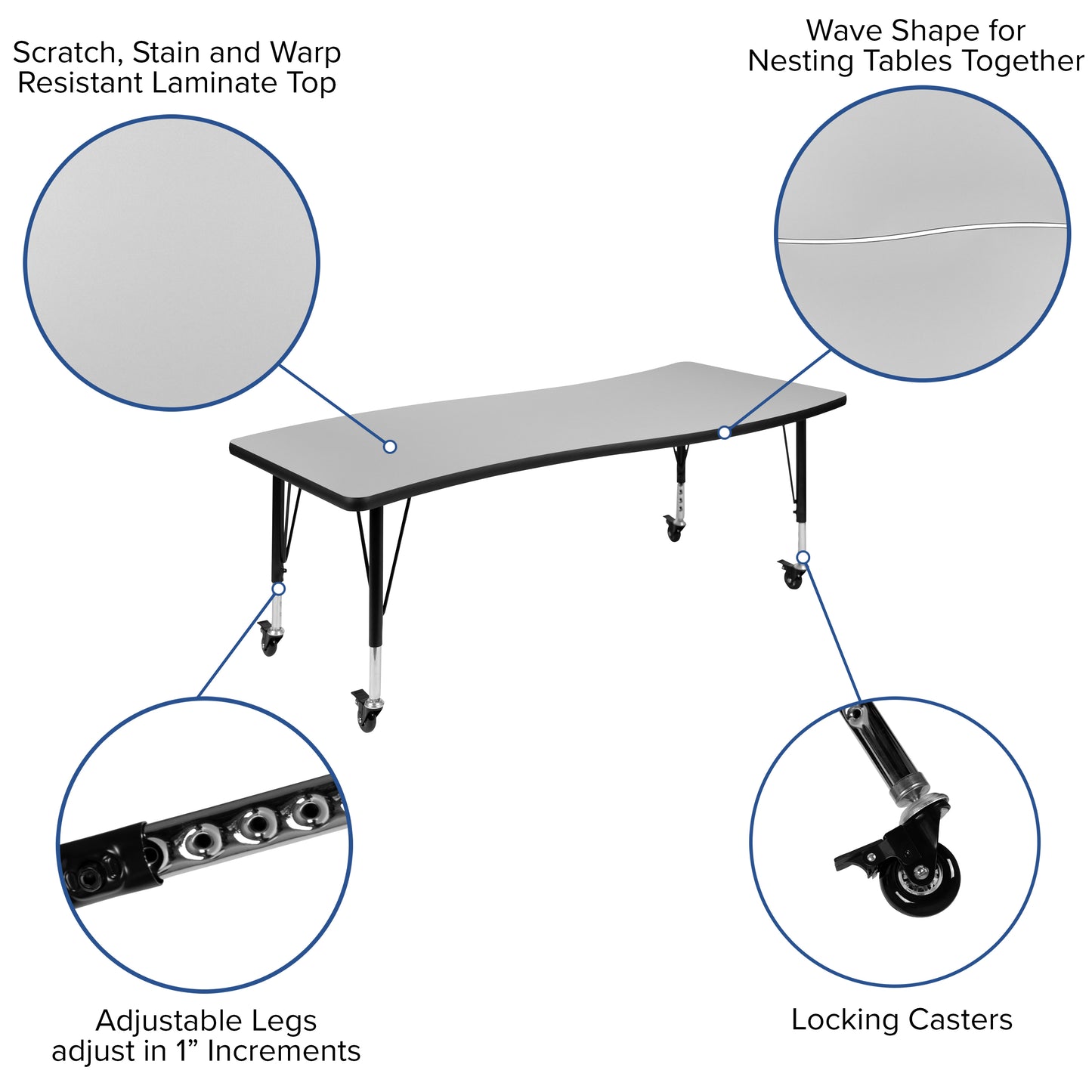 Emmy Mobile 86" Oval Wave Flexible Laminate Activity Table Set with 14" Student Stack Chairs, Grey/Black