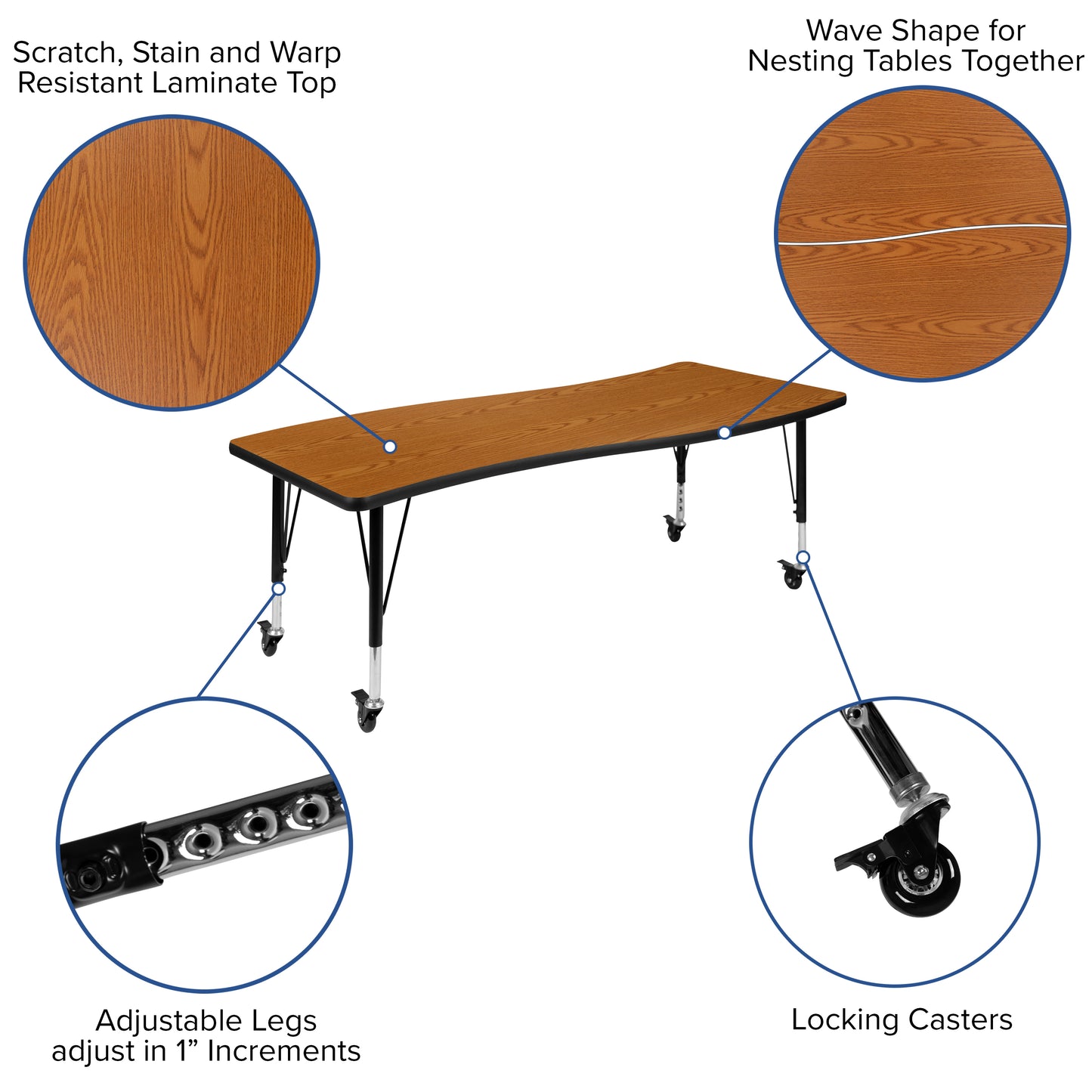 Emmy Mobile 86" Oval Wave Flexible Laminate Activity Table Set with 14" Student Stack Chairs, Oak/Black