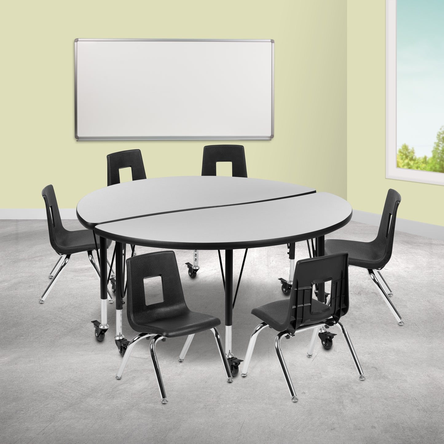 Emmy Mobile 47.5" Circle Wave Flexible Laminate Activity Table Set with 14" Student Stack Chairs, Grey/Black