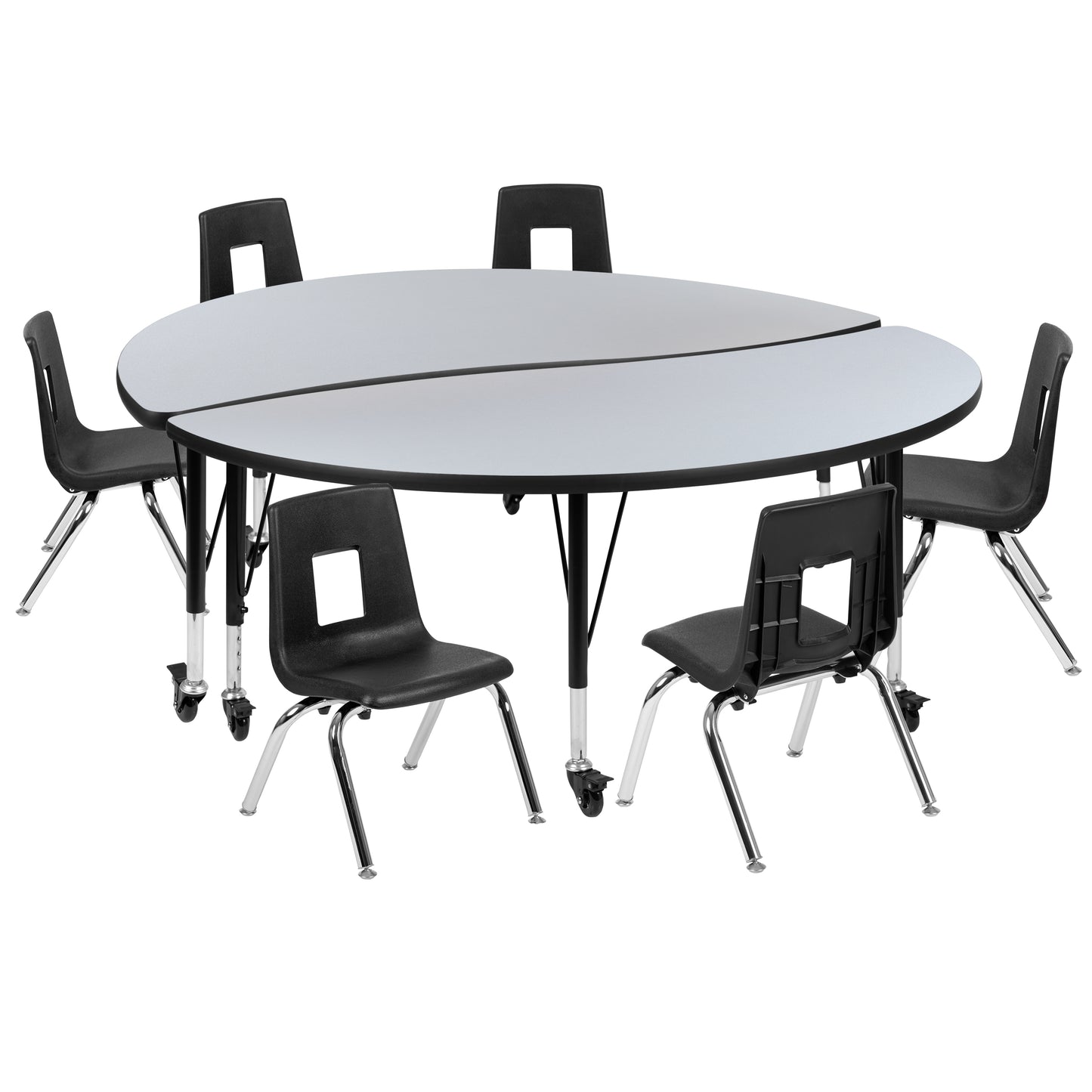 Emmy Mobile 60" Circle Wave Flexible Laminate Activity Table Set with 14" Student Stack Chairs, Grey/Black