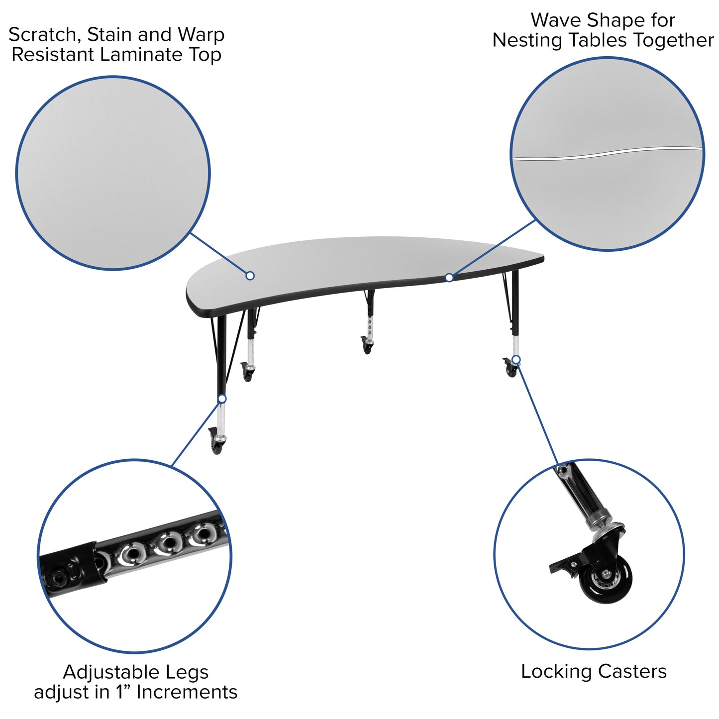 Emmy Mobile 60" Circle Wave Flexible Laminate Activity Table Set with 14" Student Stack Chairs, Grey/Black