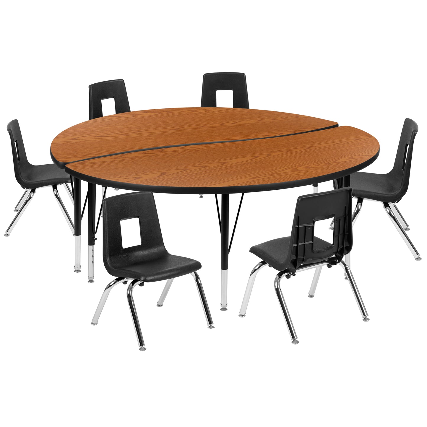Emmy 60" Circle Wave Flexible Laminate Activity Table Set with 14" Student Stack Chairs, Oak/Black