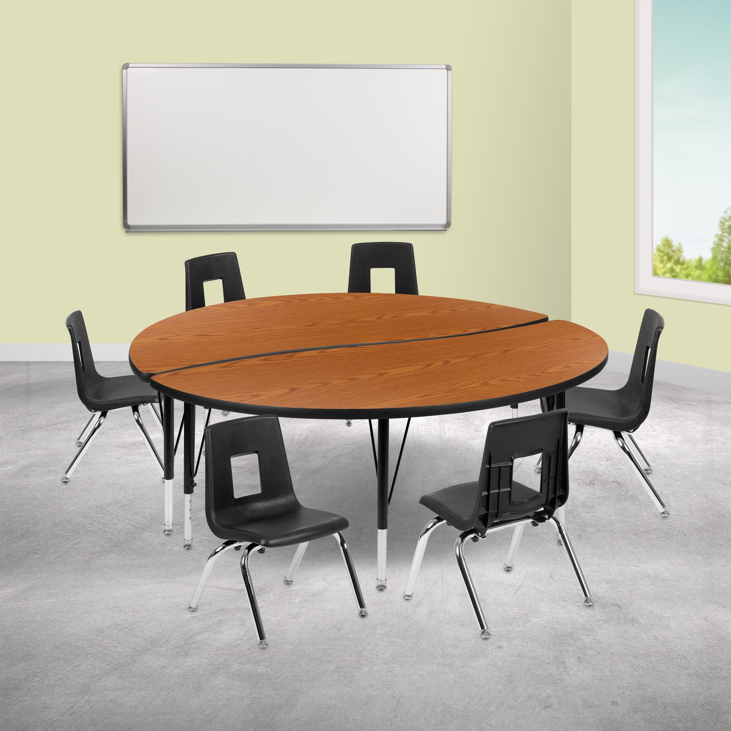 Emmy 60" Circle Wave Flexible Laminate Activity Table Set with 14" Student Stack Chairs, Oak/Black