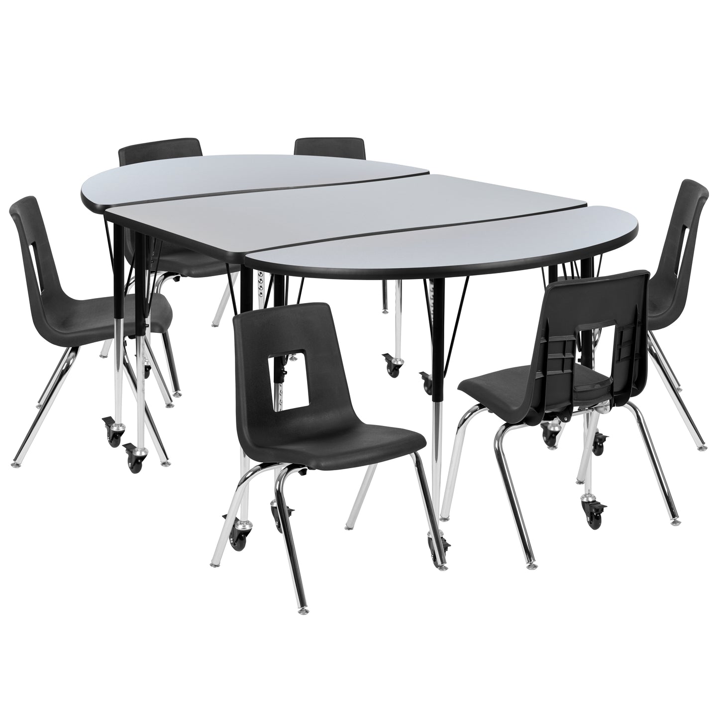 Emmy Mobile 76" Oval Wave Flexible Laminate Activity Table Set with 16" Student Stack Chairs, Grey/Black