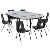 Emmy Mobile 76" Oval Wave Flexible Laminate Activity Table Set with 16" Student Stack Chairs, Grey/Black
