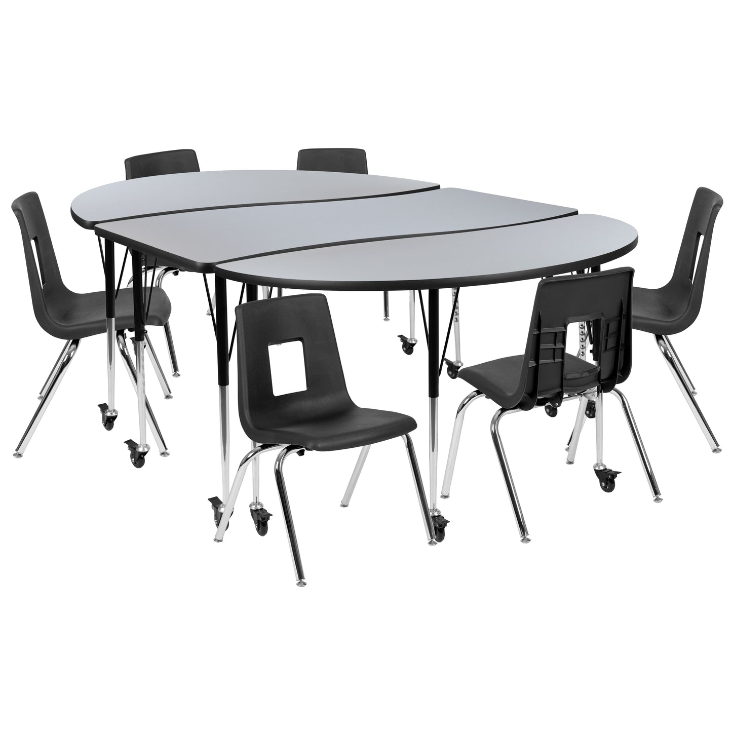 Emmy Mobile 86" Oval Wave Flexible Laminate Activity Table Set with 16" Student Stack Chairs, Grey/Black