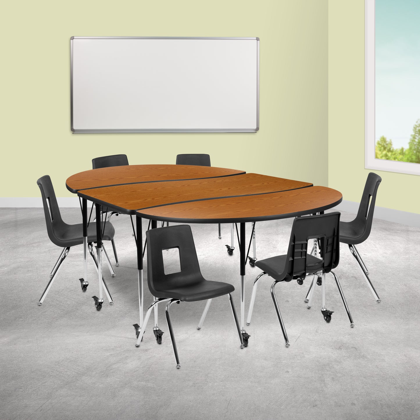 Emmy Mobile 86" Oval Wave Flexible Laminate Activity Table Set with 16" Student Stack Chairs, Oak/Black